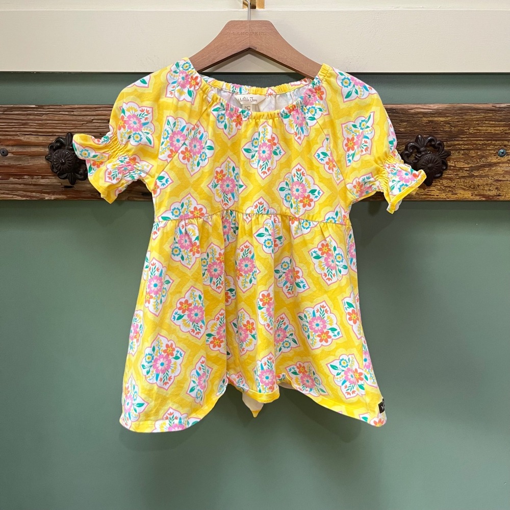 Matilda Jane Girls Yellow Floral Tile Print Tunic Top Size 8 Short Sleeve Ruffle